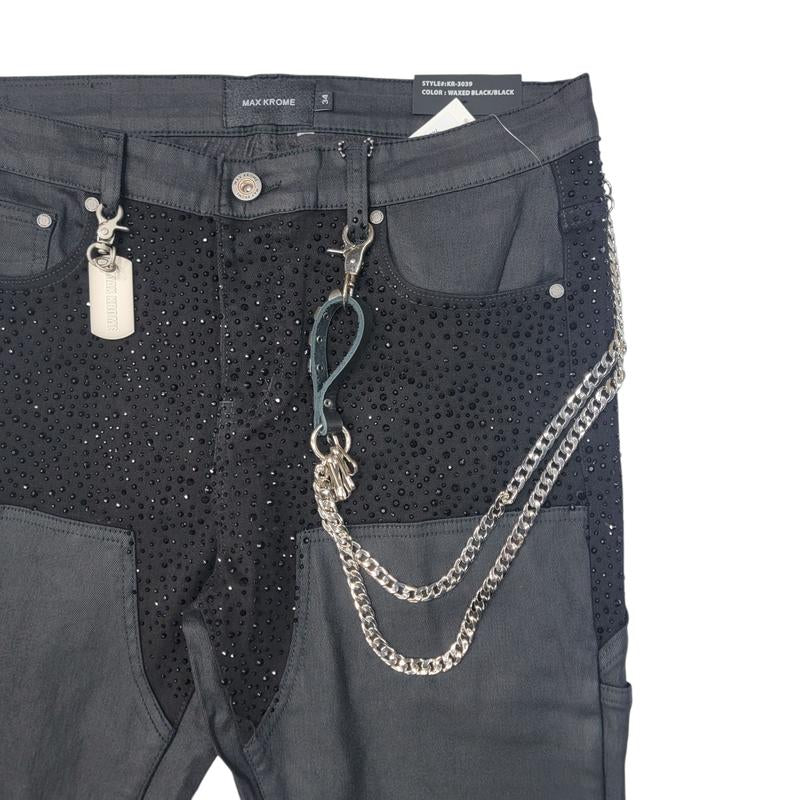 Elevate Your Look with MAX KROME's Dazzling Black Stacked Rhinestone Jeans for Men!