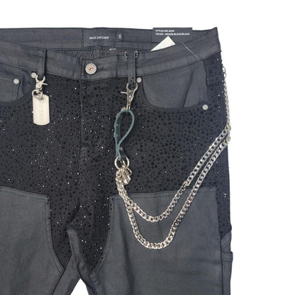 Elevate Your Look with MAX KROME's Dazzling Black Stacked Rhinestone Jeans for Men!