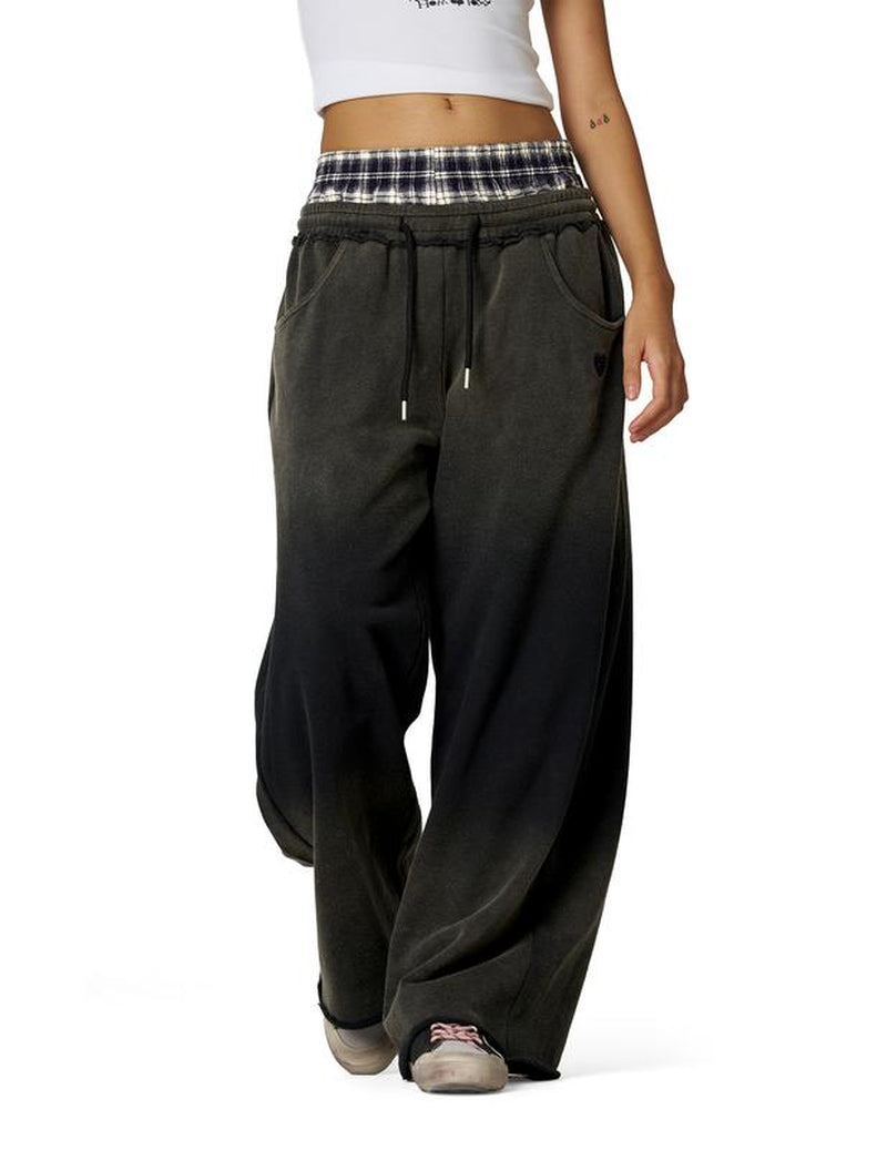 Elevate Your Casual Look with Aelfric Eden's Double Waist Washed Baggy Sweatpants - Stylish Loose Wide Leg Plaid Patchwork Pants with Convenient Pockets