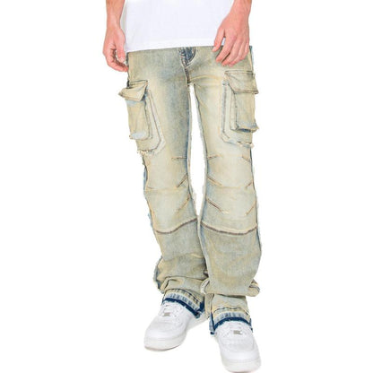 Elevate Your Everyday Look with VICTORIOUS Men's Bootcut Raw Edge Double Cargo Denim Jeans!