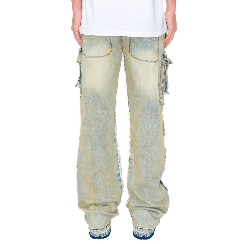 Elevate Your Everyday Look with VICTORIOUS Men's Bootcut Raw Edge Double Cargo Denim Jeans!