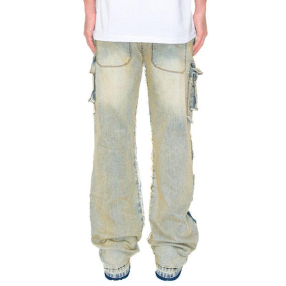 Elevate Your Everyday Look with VICTORIOUS Men's Bootcut Raw Edge Double Cargo Denim Jeans!