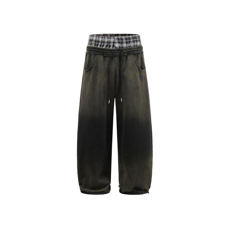 Elevate Your Casual Look with Aelfric Eden's Double Waist Washed Baggy Sweatpants - Stylish Loose Wide Leg Plaid Patchwork Pants with Convenient Pockets