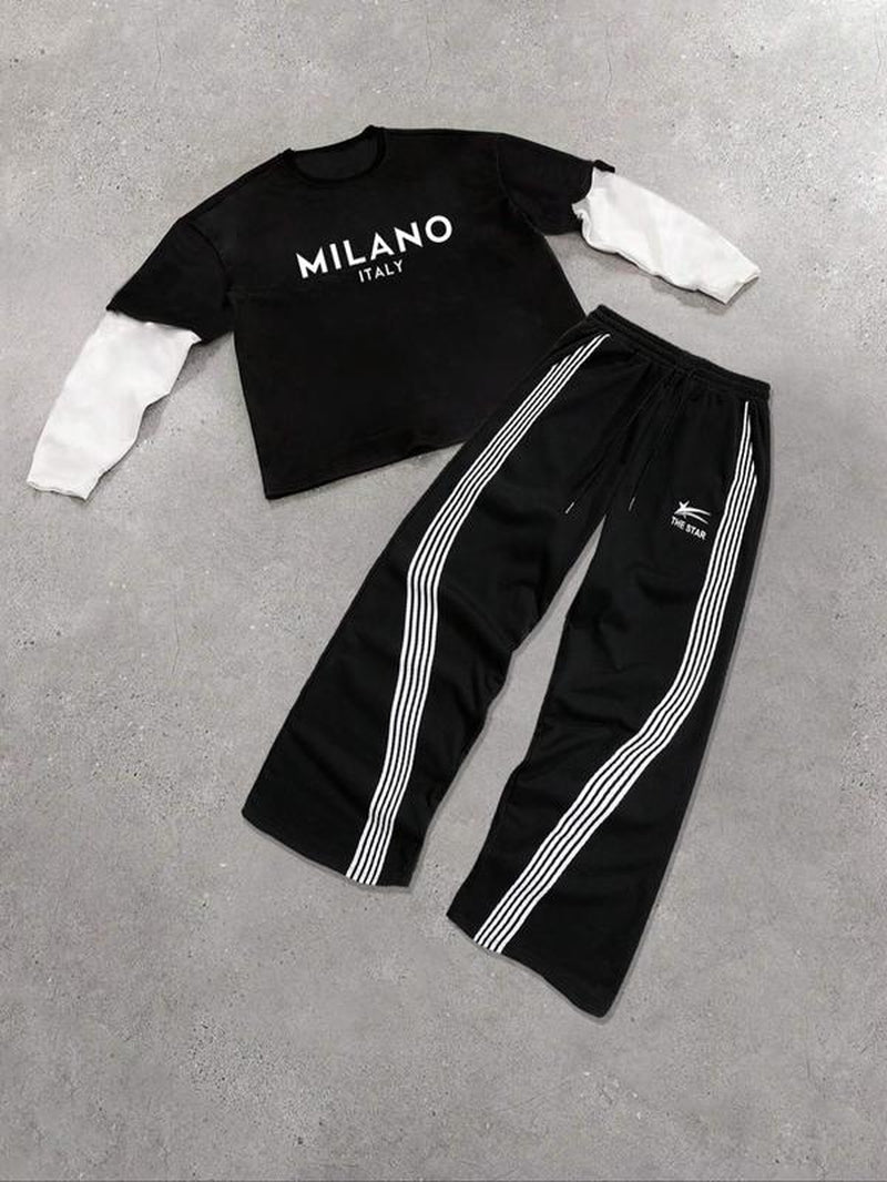 Men's 2-in-1 Letter Print Sweatshirt and Drawstring Waist Pants Set, Regular Fit Casual Long Sleeve Pullover and Trousers for Spring and Fall