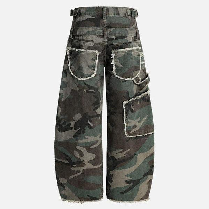 Aelfric Eden Baggy Barrel Camo Pants Double Waistband Design Multi-Pocket Raw Hem Detail Unisex Streetwear Cargo Trousers