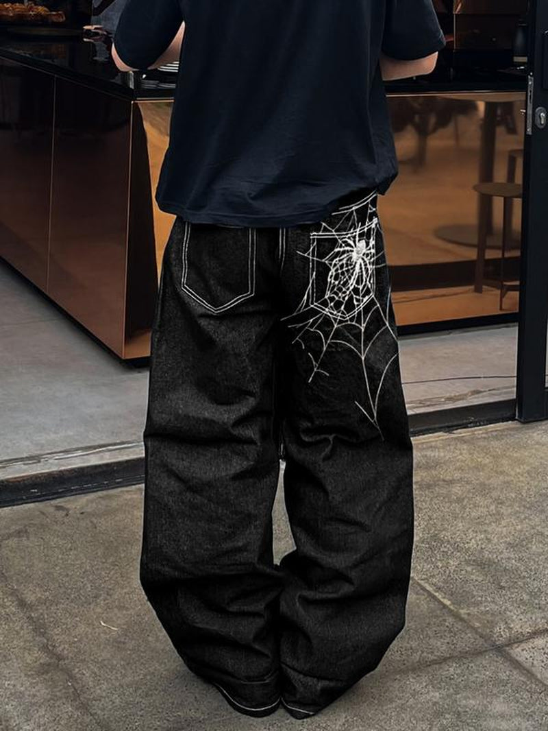 Men's Casual Loose Fit Embroidered Jeans with Pocketless Design and Zipper Fly Closure, Natural Waist Straight Leg Pants