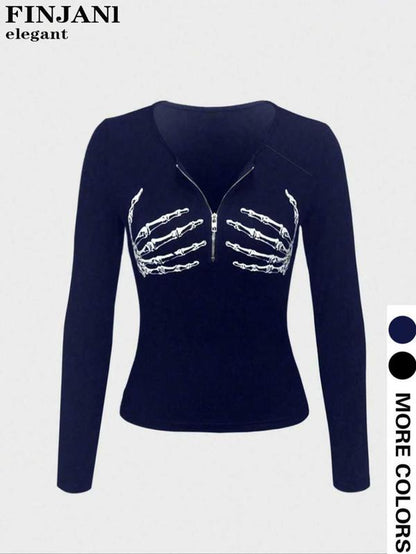 Spooktacular Style: Women's Skull Print Zipper Top for All Seasons! 🎃💀✨