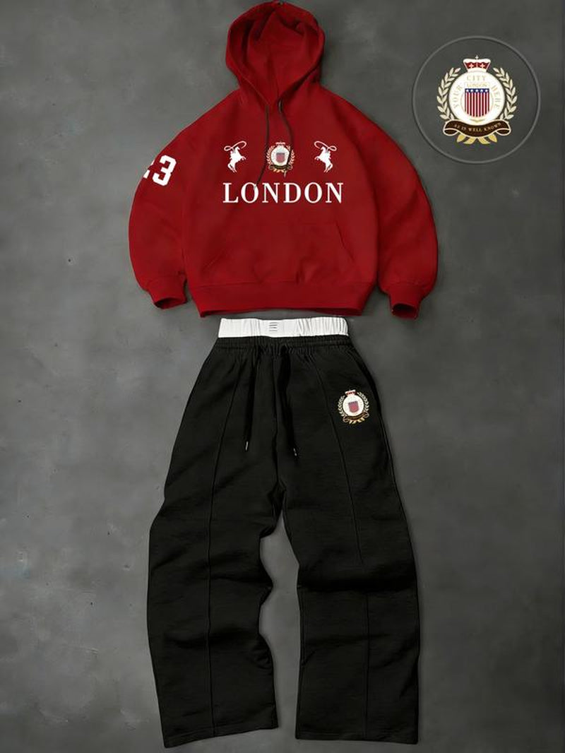 Men's Two-Piece Hooded Sweatshirt Set with Graphic Design: Hoodie and Drawstring Trousers Ideal for Fall and Winter Wear