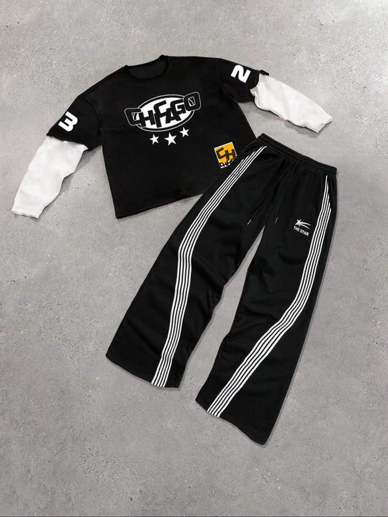 Men's 2-in-1 Letter Print Sweatshirt and Drawstring Waist Pants Set, Regular Fit Casual Long Sleeve Pullover and Trousers for Spring and Fall