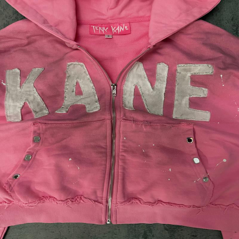 KANE Pink Cropped Dirty Washed Rhinestone Zip up Hoodie 480 GSM French Terry Cotton Paint Splatter