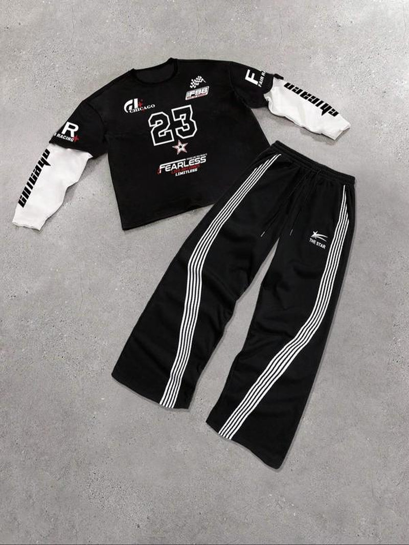 Men's 2-in-1 Letter Print Sweatshirt and Drawstring Waist Pants Set, Regular Fit Casual Long Sleeve Pullover and Trousers for Spring and Fall