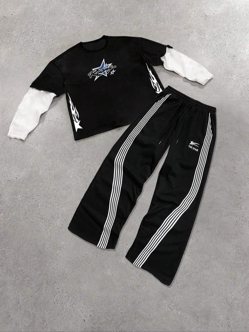 Men's 2-in-1 Letter Print Sweatshirt and Drawstring Waist Pants Set, Regular Fit Casual Long Sleeve Pullover and Trousers for Spring and Fall