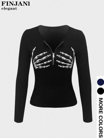 Spooktacular Style: Women's Skull Print Zipper Top for All Seasons! 🎃💀✨
