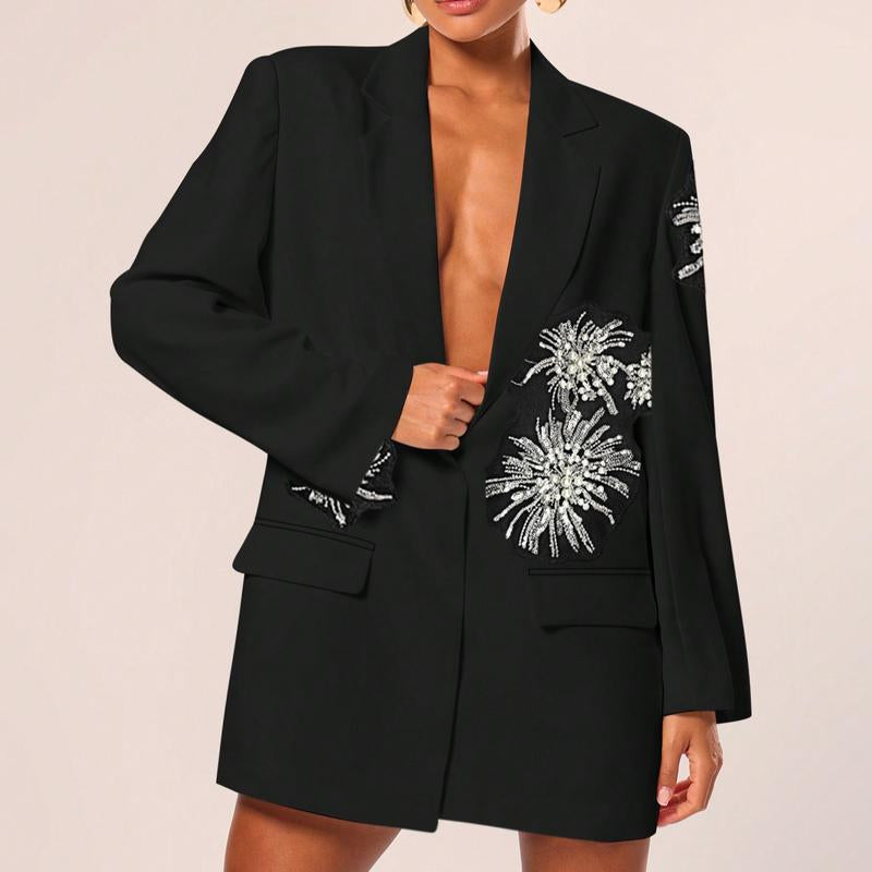 Chic Black Floral Beaded Blazer - Your Go-To for Parties, Clubs, and Everyday Glam!