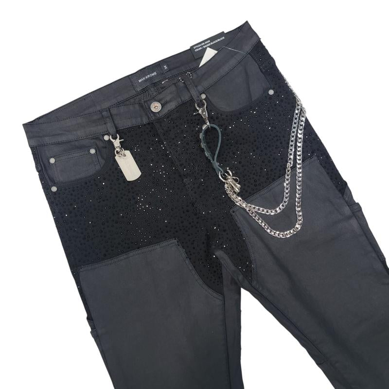 Elevate Your Look with MAX KROME's Dazzling Black Stacked Rhinestone Jeans for Men!