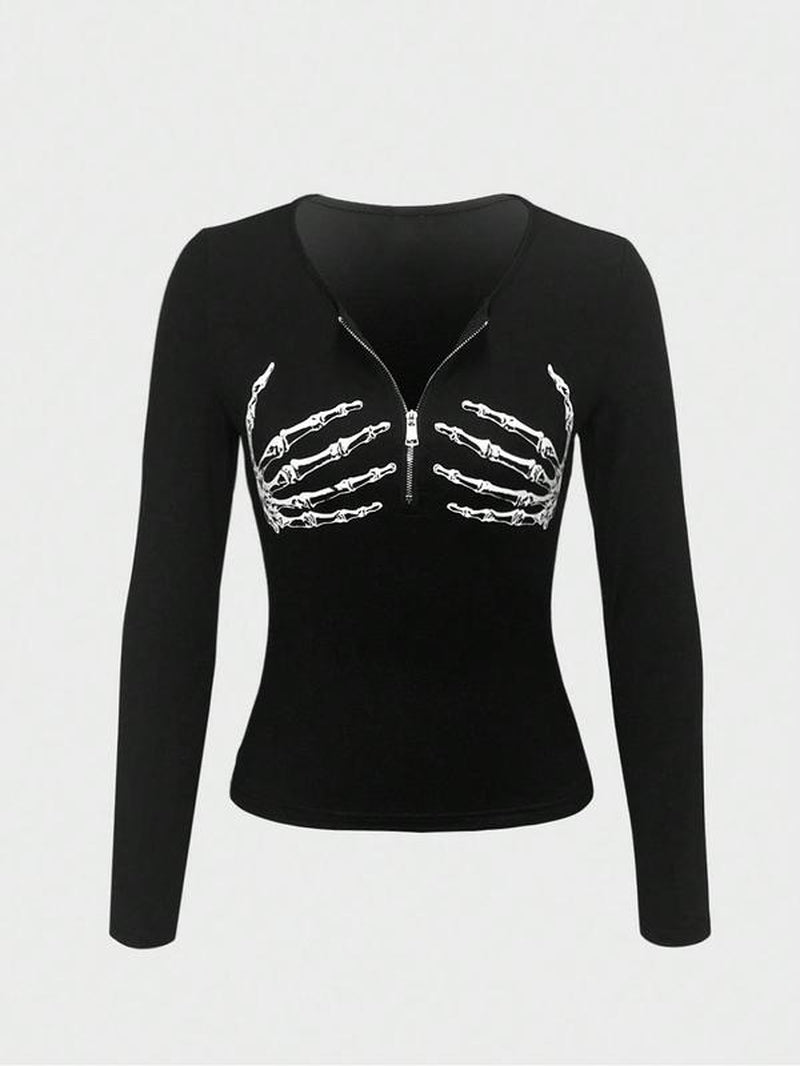 Spooktacular Style: Women's Skull Print Zipper Top for All Seasons! 🎃💀✨