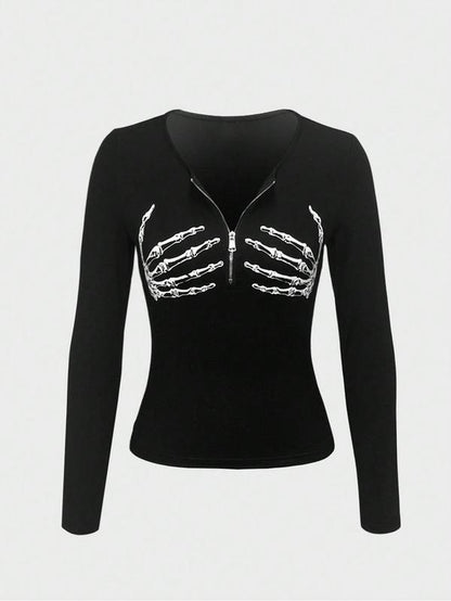 Spooktacular Style: Women's Skull Print Zipper Top for All Seasons! 🎃💀✨