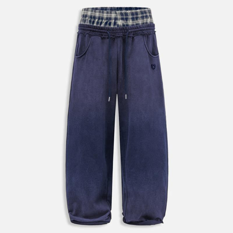 Elevate Your Casual Look with Aelfric Eden's Double Waist Washed Baggy Sweatpants - Stylish Loose Wide Leg Plaid Patchwork Pants with Convenient Pockets