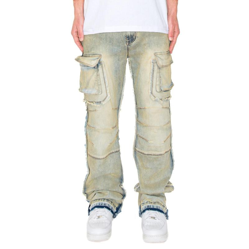 Elevate Your Everyday Look with VICTORIOUS Men's Bootcut Raw Edge Double Cargo Denim Jeans!