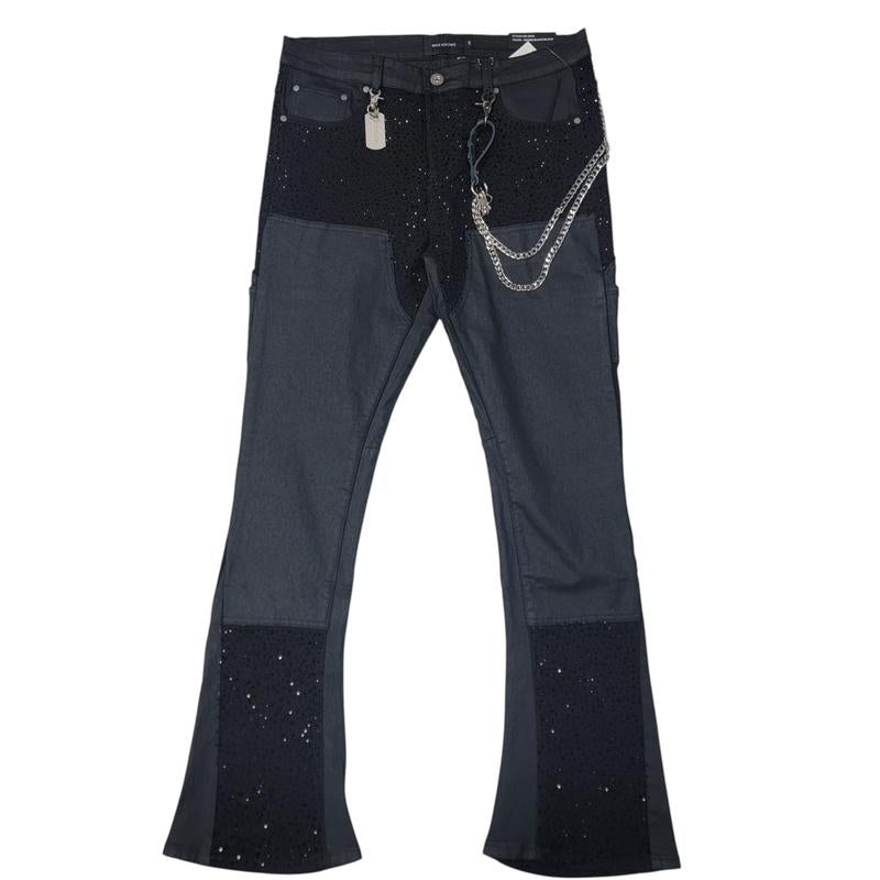 Elevate Your Look with MAX KROME's Dazzling Black Stacked Rhinestone Jeans for Men!