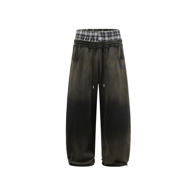 Elevate Your Casual Look with Aelfric Eden's Double Waist Washed Baggy Sweatpants - Stylish Loose Wide Leg Plaid Patchwork Pants with Convenient Pockets