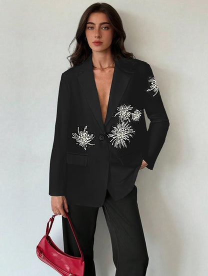 Chic Black Floral Beaded Blazer - Your Go-To for Parties, Clubs, and Everyday Glam!