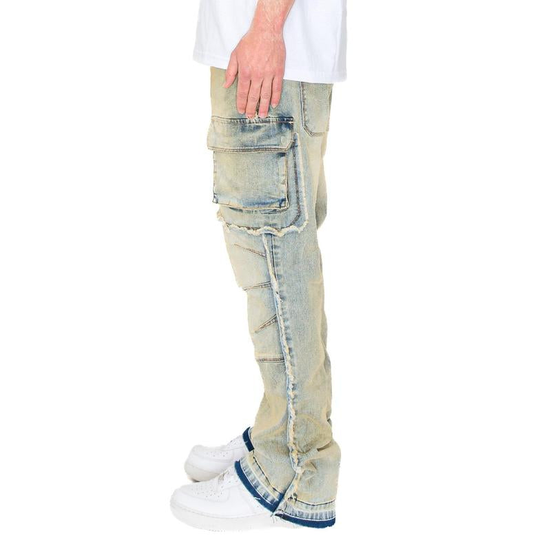 Elevate Your Everyday Look with VICTORIOUS Men's Bootcut Raw Edge Double Cargo Denim Jeans!