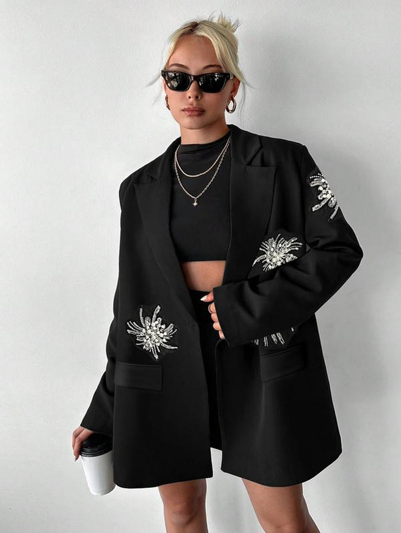 Chic Black Floral Beaded Blazer - Your Go-To for Parties, Clubs, and Everyday Glam!