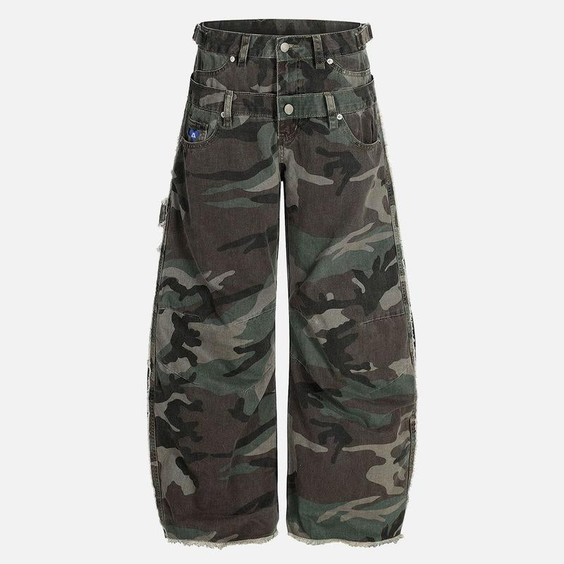 Aelfric Eden Baggy Barrel Camo Pants Double Waistband Design Multi-Pocket Raw Hem Detail Unisex Streetwear Cargo Trousers