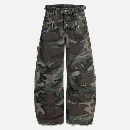 Aelfric Eden Baggy Barrel Camo Pants Double Waistband Design Multi-Pocket Raw Hem Detail Unisex Streetwear Cargo Trousers