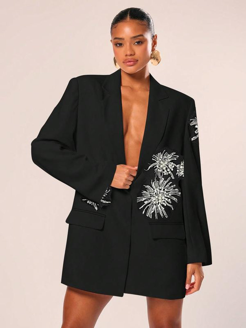 Chic Black Floral Beaded Blazer - Your Go-To for Parties, Clubs, and Everyday Glam!