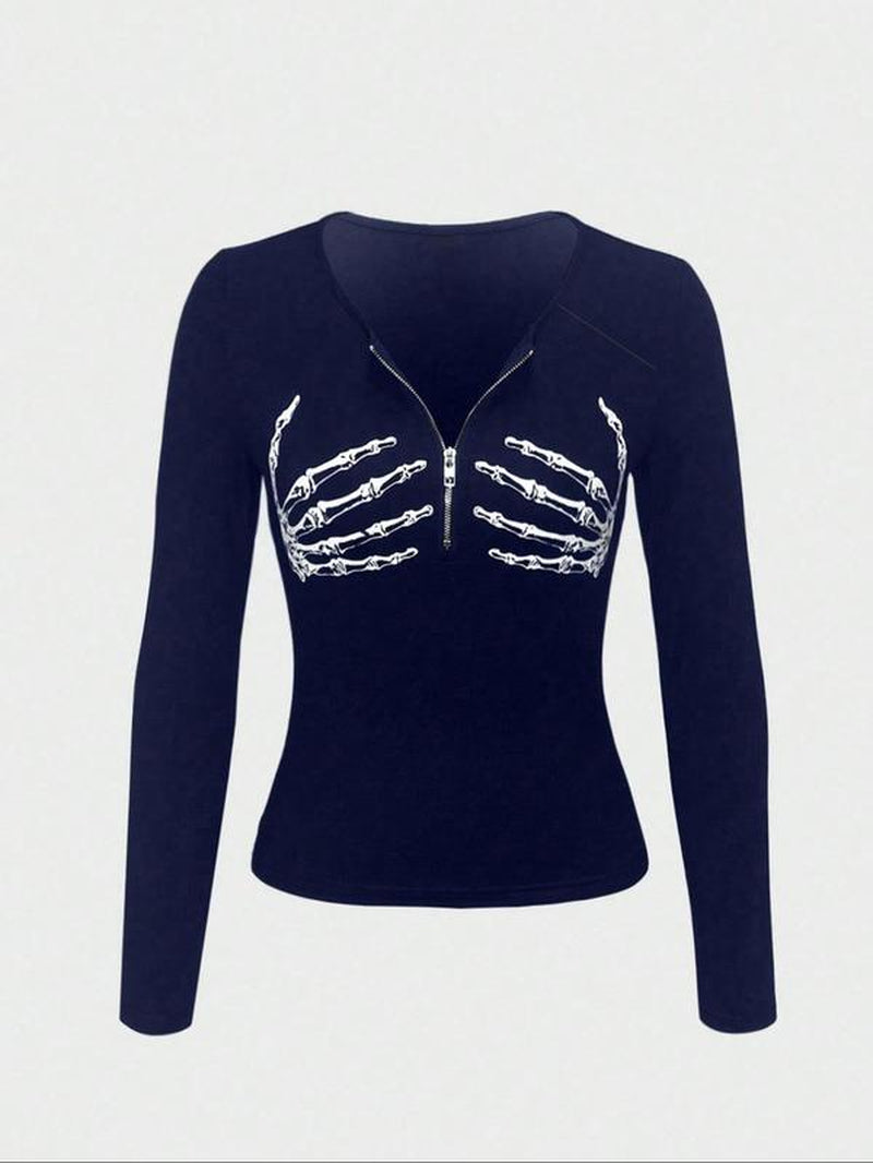 Spooktacular Style: Women's Skull Print Zipper Top for All Seasons! 🎃💀✨