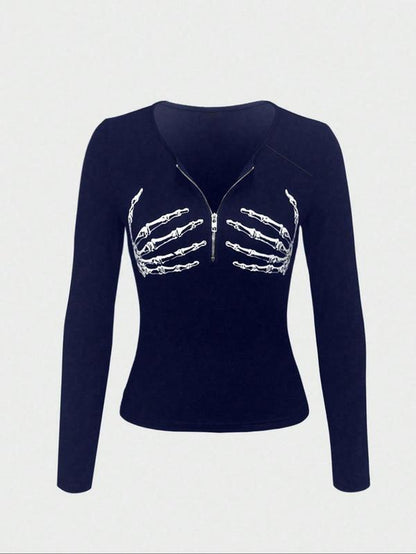 Spooktacular Style: Women's Skull Print Zipper Top for All Seasons! 🎃💀✨