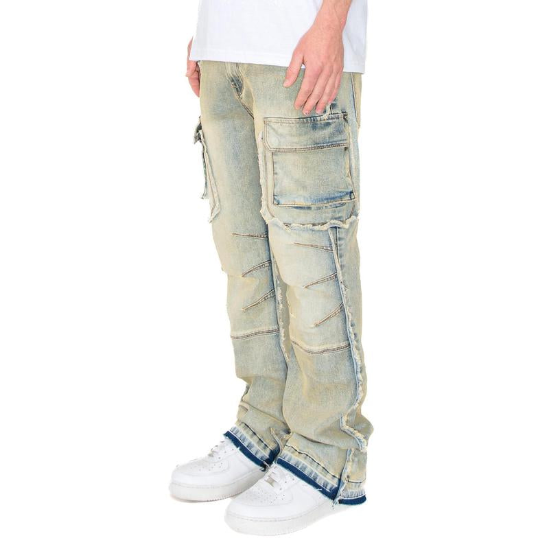 Elevate Your Everyday Look with VICTORIOUS Men's Bootcut Raw Edge Double Cargo Denim Jeans!