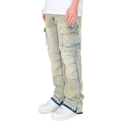 Elevate Your Everyday Look with VICTORIOUS Men's Bootcut Raw Edge Double Cargo Denim Jeans!