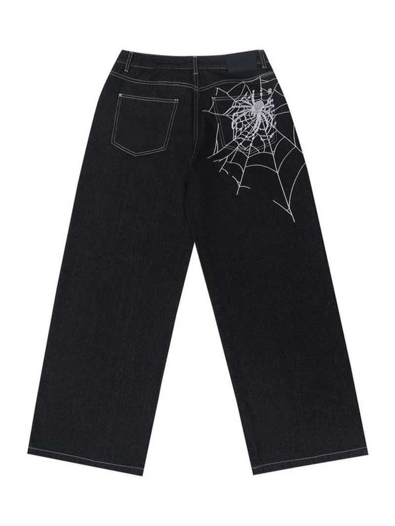 Men's Casual Loose Fit Embroidered Jeans with Pocketless Design and Zipper Fly Closure, Natural Waist Straight Leg Pants