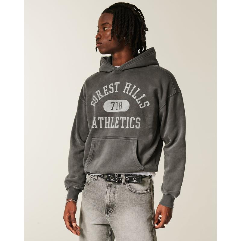 Elevate Your Style with the Hollister Boxy Forest Hills Athletics Graphic Hoodie for Men - Perfect for Autumn Comfort!