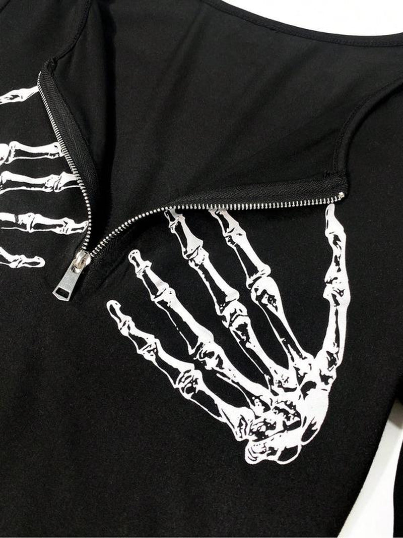 Spooktacular Style: Women's Skull Print Zipper Top for All Seasons! 🎃💀✨