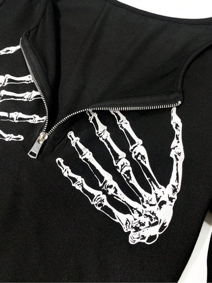 Spooktacular Style: Women's Skull Print Zipper Top for All Seasons! 🎃💀✨