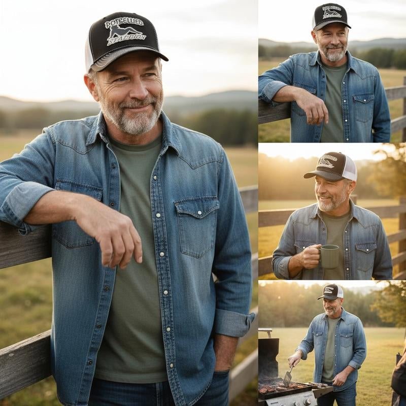 Get Your Laugh On with the Potbellied Stallion Trucker Hat! 🎩😄 Perfect Snapback for Everyone - Adjustable, Cool Mesh, and Machine Washable! Ideal Gift for Hat Lovers! 🧢✨