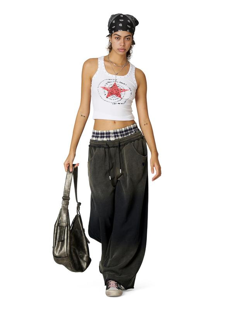 Elevate Your Casual Look with Aelfric Eden's Double Waist Washed Baggy Sweatpants - Stylish Loose Wide Leg Plaid Patchwork Pants with Convenient Pockets