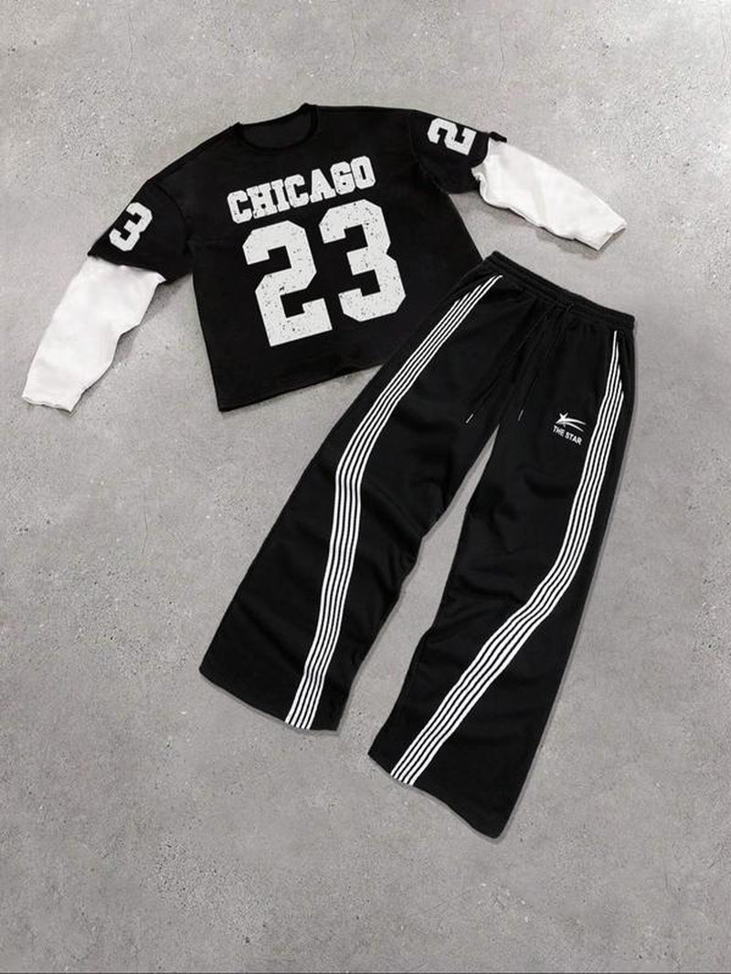 Men's 2-in-1 Letter Print Sweatshirt and Drawstring Waist Pants Set, Regular Fit Casual Long Sleeve Pullover and Trousers for Spring and Fall