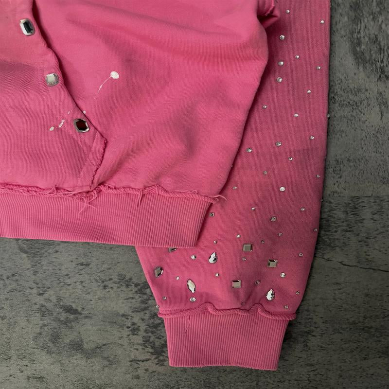 KANE Pink Cropped Dirty Washed Rhinestone Zip up Hoodie 480 GSM French Terry Cotton Paint Splatter