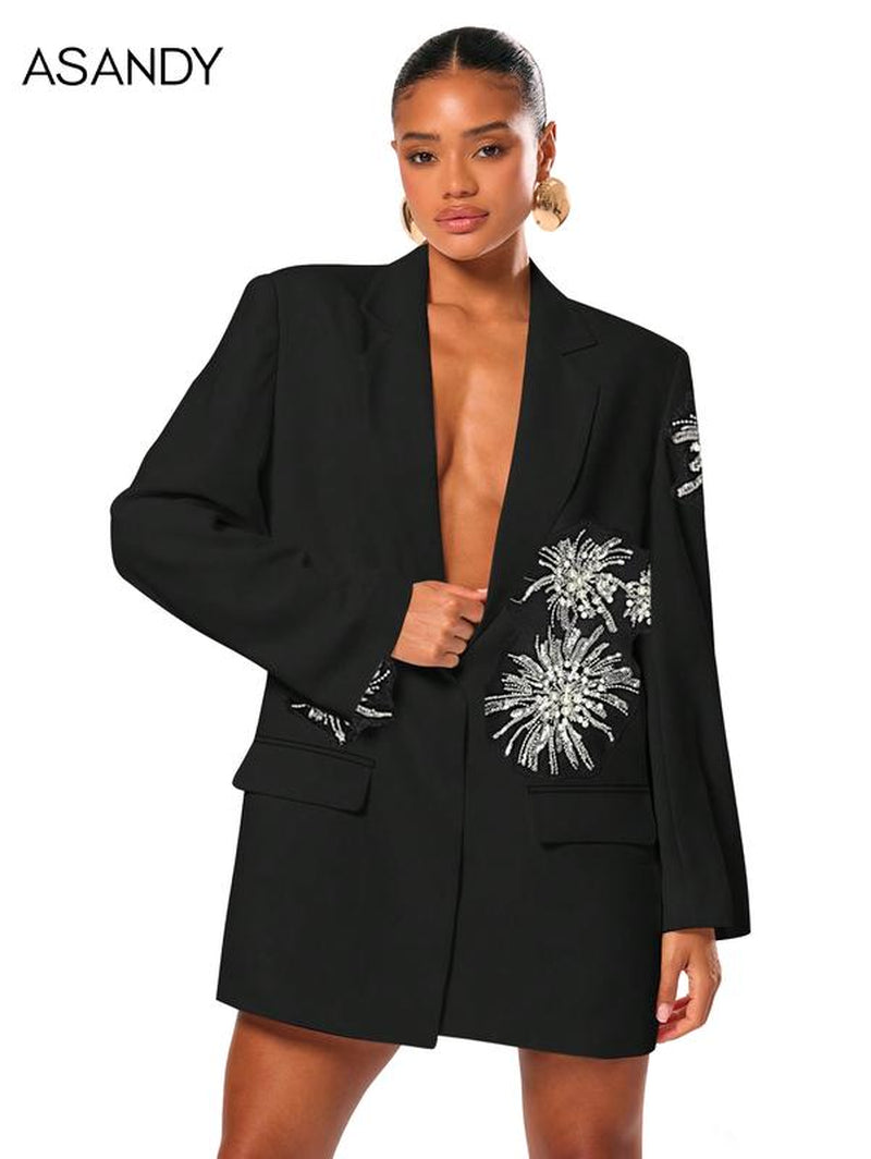 Chic Black Floral Beaded Blazer - Your Go-To for Parties, Clubs, and Everyday Glam!