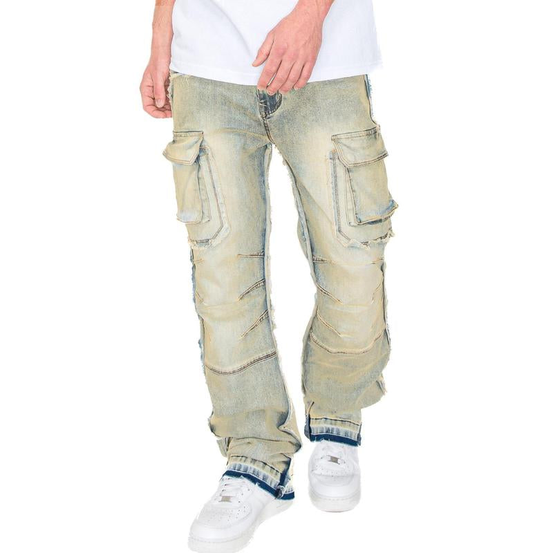 Elevate Your Everyday Look with VICTORIOUS Men's Bootcut Raw Edge Double Cargo Denim Jeans!
