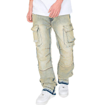 Elevate Your Everyday Look with VICTORIOUS Men's Bootcut Raw Edge Double Cargo Denim Jeans!