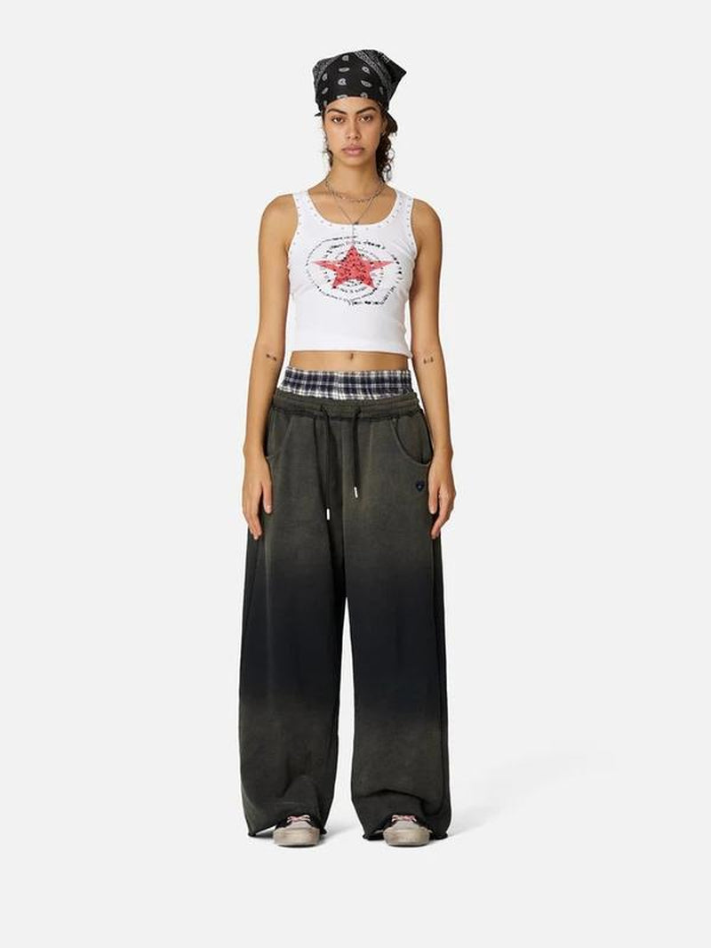 Elevate Your Casual Look with Aelfric Eden's Double Waist Washed Baggy Sweatpants - Stylish Loose Wide Leg Plaid Patchwork Pants with Convenient Pockets