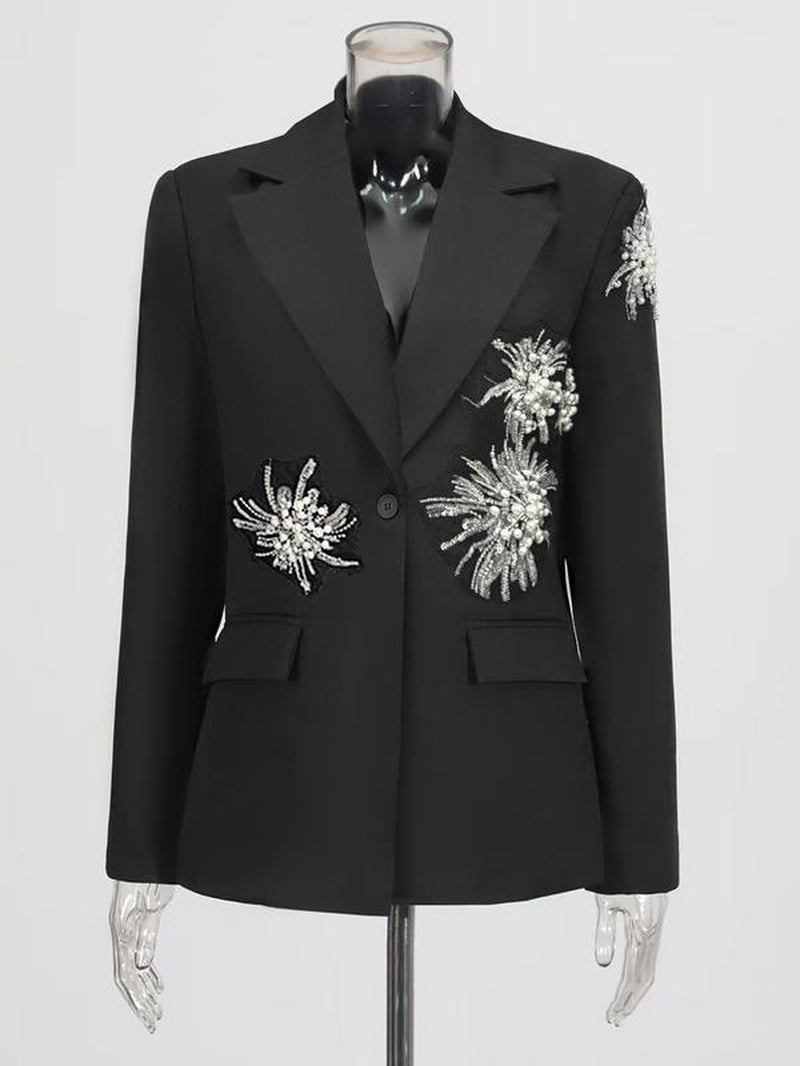 Chic Black Floral Beaded Blazer - Your Go-To for Parties, Clubs, and Everyday Glam!