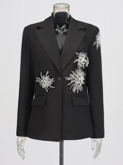 Chic Black Floral Beaded Blazer - Your Go-To for Parties, Clubs, and Everyday Glam!