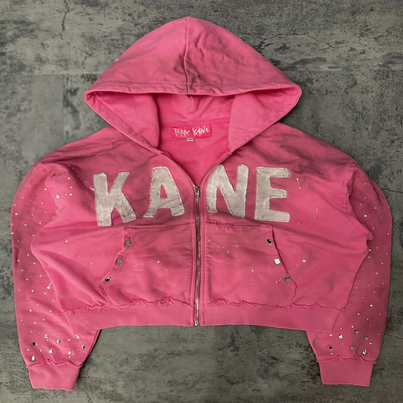 KANE Pink Cropped Dirty Washed Rhinestone Zip up Hoodie 480 GSM French Terry Cotton Paint Splatter